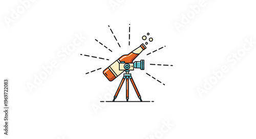 Creative and whimsical icon of a beer bottle mounted on a tripod like a telescope with bubbles and light rays coming out of the open bottle neck.