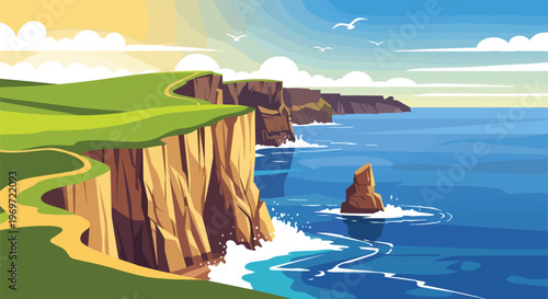 Scenic Coastal Cliffs with Green Grass and Ocean Waves Illustration