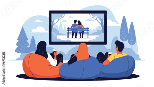 Relaxing evening scene of three friends sitting on beanbags while watching a romantic movie of a couple in a park on a large television screen.