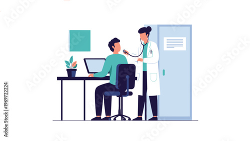 Professional medical scene of a female doctor in a white coat using a stethoscope to examine a male patient sitting at an office desk.