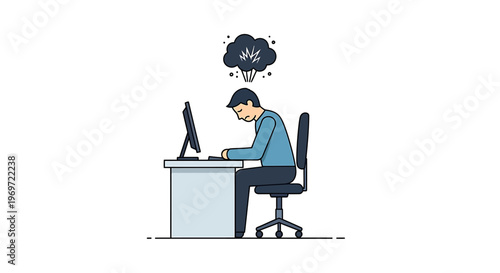 Stressed man working at computer with storm cloud over his head.