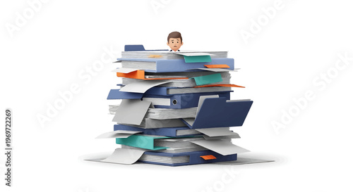 Man peeking over a large stack of documents and folders.