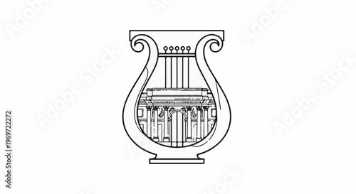 Lyre superimposed with a classical building facade
