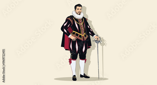 17th Century Gentleman in Ornate Costume with Sword