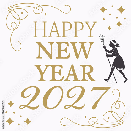 A celebratory illustration presents happy new year 2027 in gold lettering accompanied by a sweeping woman and festive flourishes