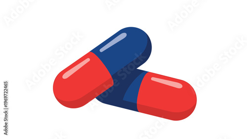 Macro illustration of two medicinal capsules in vibrant red and blue colors representing pharmaceuticals, healthcare, and medical treatment.
