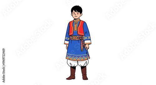Boy in traditional blue and red ethnic costume, standing isolated on white background.