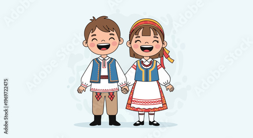 Children in Traditional Folk Costumes Smiling