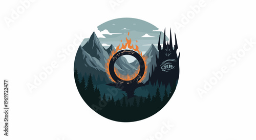 Fiery ring within a mountainous forest with a dark spire and eye