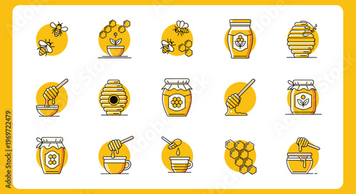 Comprehensive set of icons related to honey production featuring bees, honeycomb, jars of honey, wooden dippers, and various beehive structures.