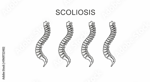 Line art of human spines illustrating scoliosis with different curvatures