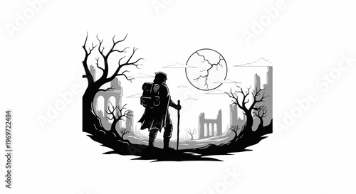 Lone traveler with backpack and staff surveys desolate ruins under cracked moon