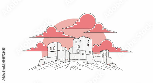 Illustration of an ancient stone structure on a hill under a pink sky with clouds