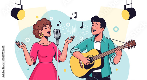 Couple Singing and Playing Guitar on Stage with Spotlights