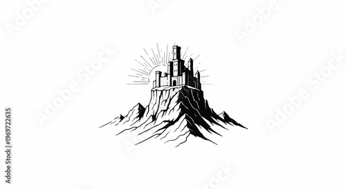 Majestic castle atop a rocky mountain, with a stylized sunburst behind it