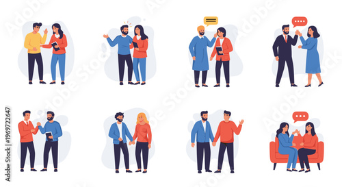 Set of diverse people engaged in various forms of communication and social interaction through talking, listening, and discussing ideas together.