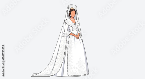 Elegant Bride in White Wedding Dress with Veil and Train