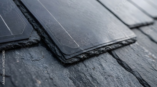 Close up of sleek black photovoltaic solar roof tiles seamlessly integrated into dark natural slate roofing material