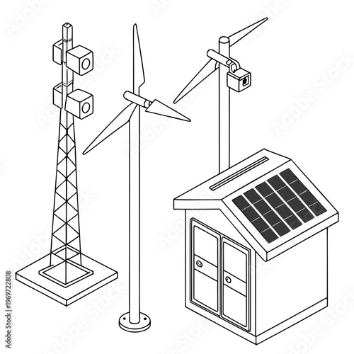 An isometric line drawing depicts a small sustainable energy setup with wind turbines a solar panel house and a transmission tower