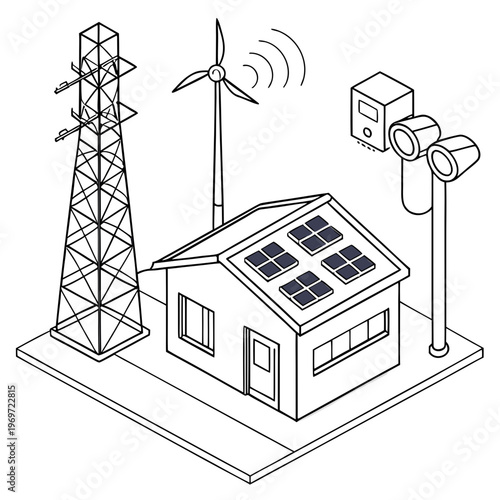 An isometric illustration depicts a sustainable home powered by renewable energy sources including wind solar and grid connections high quality