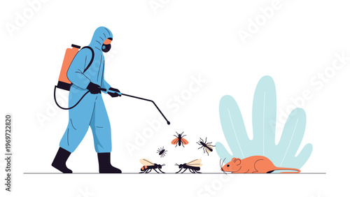 Professional pest control technician wearing a full protective hazmat suit while treating a persistent infestation of insects and a large rodent.