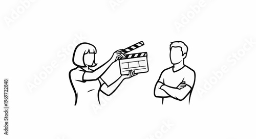 Figures prepare for filming, one holding a clapboard, the other looking on