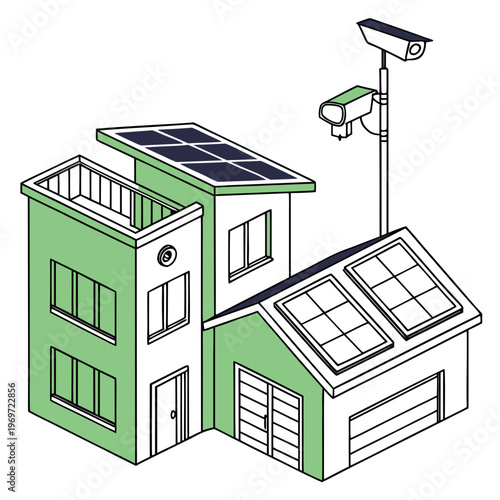 An isometric illustration depicts a modern green home equipped with solar panels security cameras and a connected garage high quality