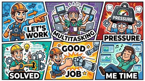 Work Energy Sticker Set for Employee Mental Health and Productivity with Let's Work Multitasking Pressure Solved Good Job and Me Time Concept for Professional Workplace Stress Management Career