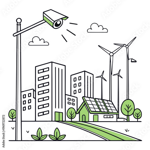 A minimalist line drawing depicts a futuristic eco friendly cityscape with surveillance technology overseeing renewable energy sources high quality professional