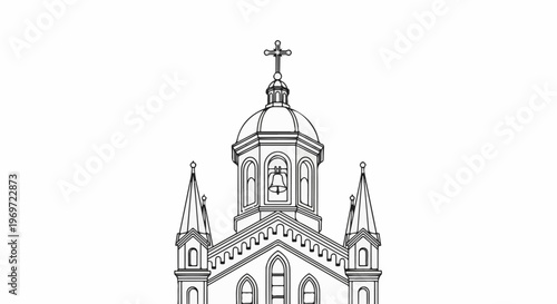Line art sketch of a church steeple with a bell and cross