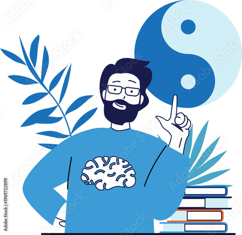 Innovative thinker explaining advanced concepts with a brain graphic and books