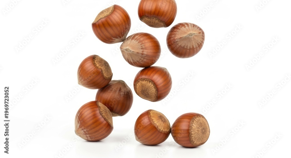 Fototapeta premium A collection of brown, whole hazelnuts, some still in their shells, set against white