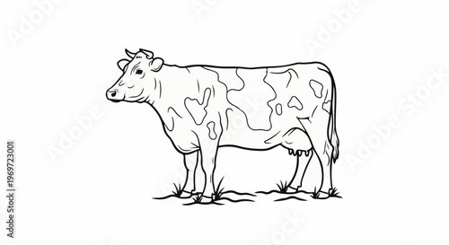 Line art sketch of a spotted cow standing in grass