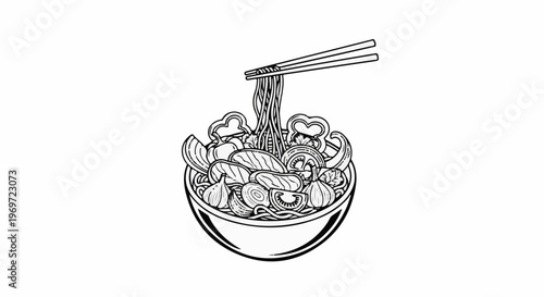 Line drawing of a bowl of noodles with vegetables and meat, lifted by chopsticks