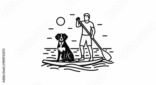 Man and dog on paddleboard at sunset