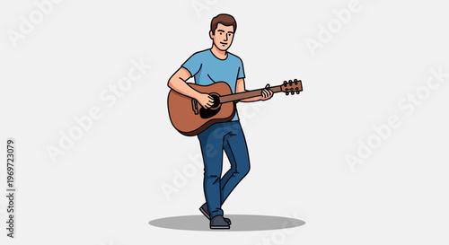 Man playing acoustic guitar, casual style, isolated on white background