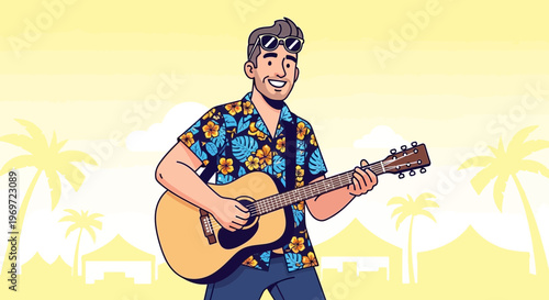 Man playing guitar at a summer festival with palm trees and tents