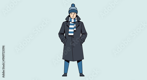 Man in winter coat, hat, and scarf, standing with hands in pockets