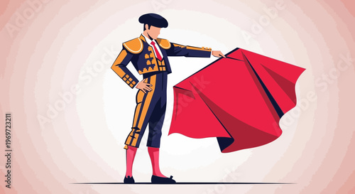 Matador in traditional suit with red cape, ready for bullfight