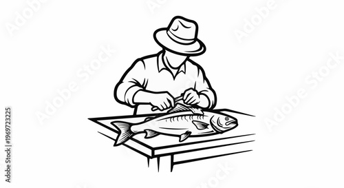 Man in hat cleans a large fish on a table