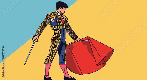 Matador with Sword and Cape, Spanish Bullfighter, Traditional Costume, Colorful Background
