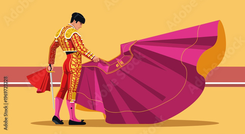 Matador with cape in bullfighting arena