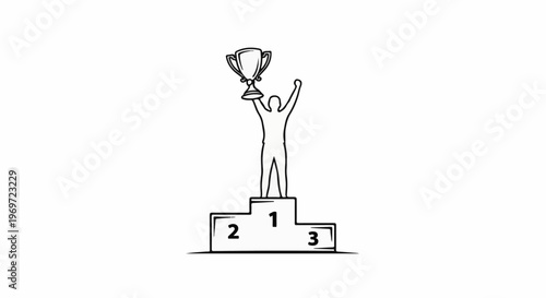 Line drawing of a figure on a podium holding a trophy