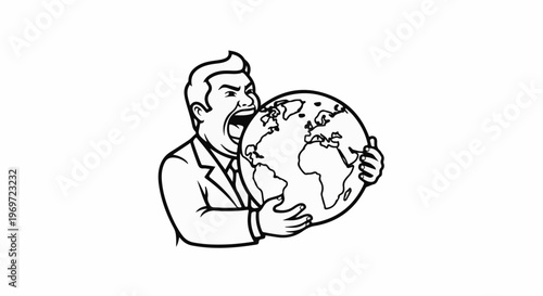 Man in suit biting a globe, symbolizing consumption or control