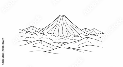 Majestic volcano emerges from rolling hills and clouds, drawn simply