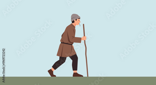 Medieval man walking with a stick, flat illustration