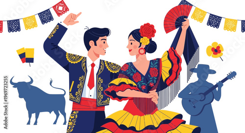Spanish couple dancing flamenco with bull and guitarist, vibrant festival illustration