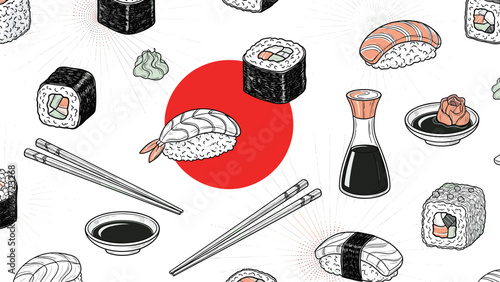 Traditional Japanese cuisine pattern featuring various sushi rolls and nigiri with a red rising sun circle in the center.