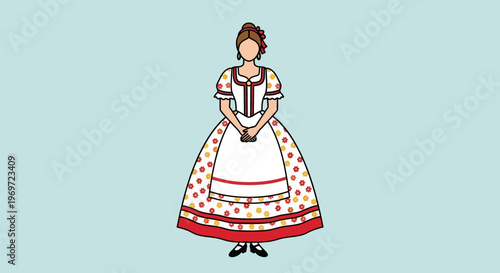 Woman in traditional folk costume with polka dot skirt and apron