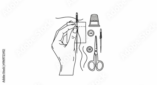 Line drawing of a hand sewing fabric with needle, thread, thimble, buttons, and scissors